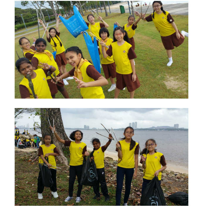 A montage of two pictures showing a group of primary school brownies girls picking up litter by the seaside